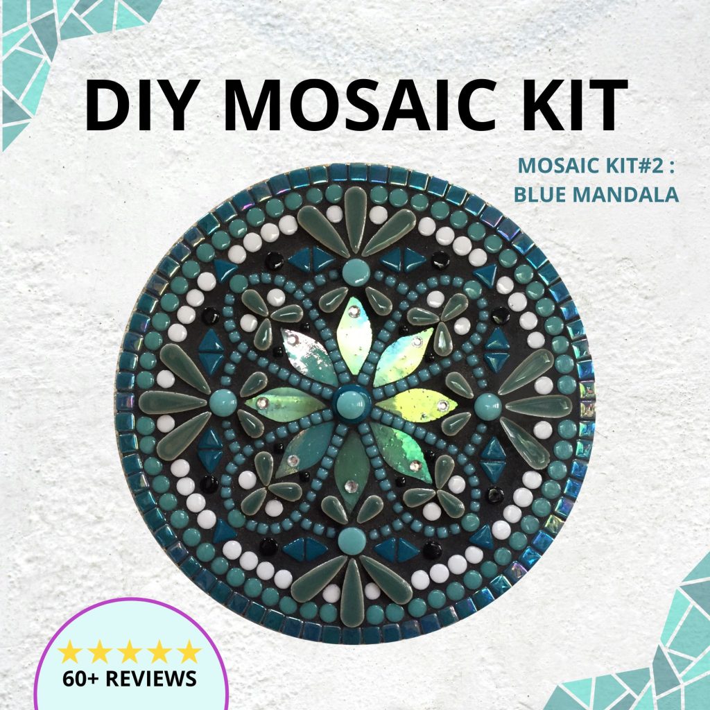 mosaic kit blue mandala on a white background with mosaic design in the corners and words DIY MOSAIC KIT written across the top